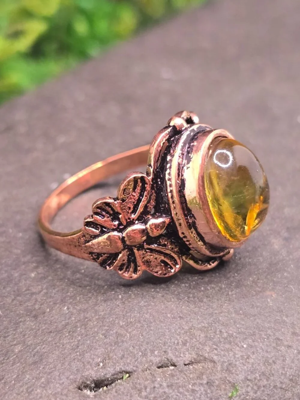 Amber Copper Floral Ring Size 7 Oval Honey Gemstone Statement Jewelry